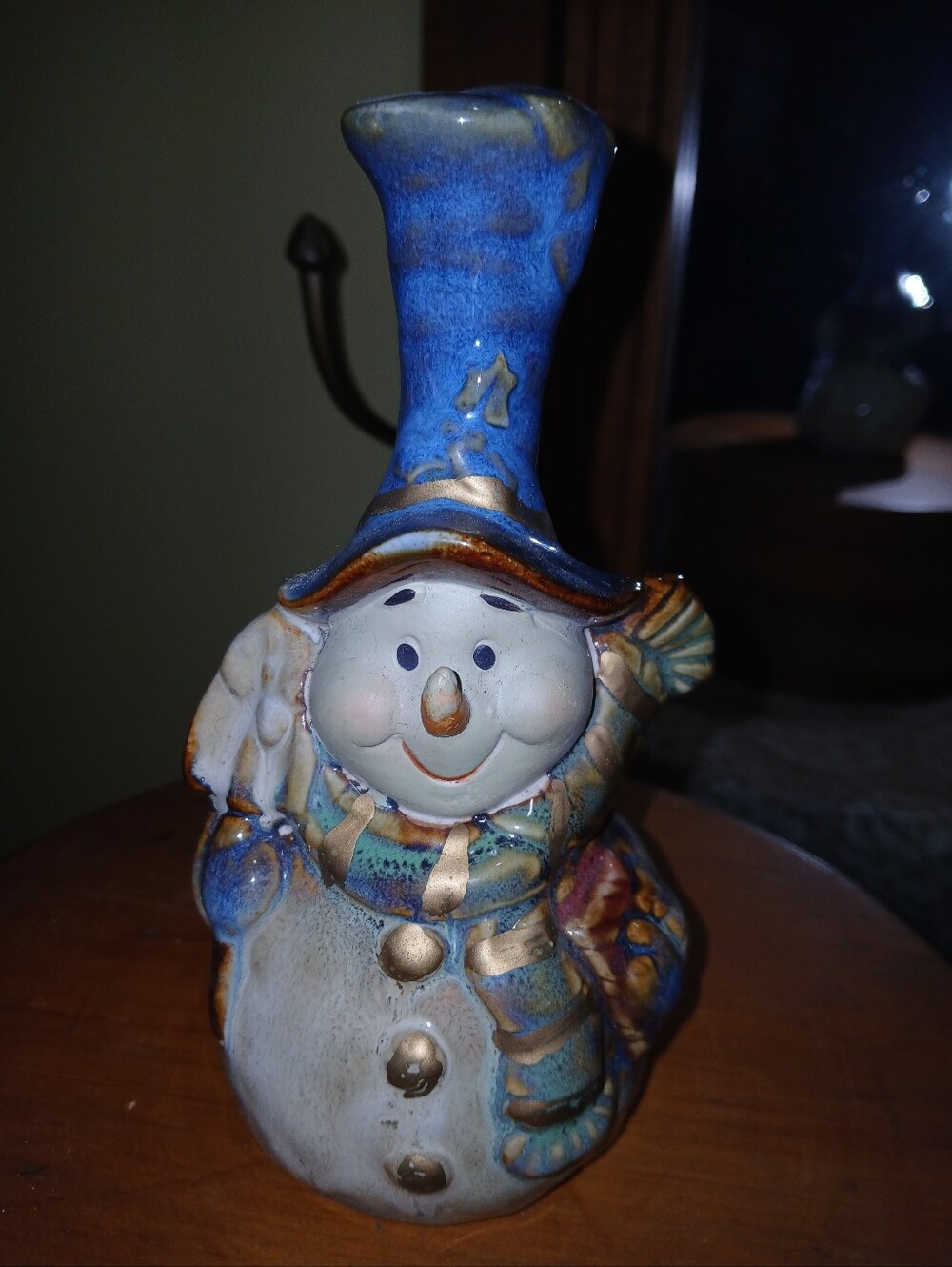 Vintage Ceramic Snowman Bell Hand Painted Blue Top Hat 7" Christmas
